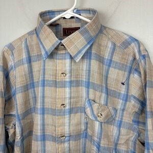 Vintage Levis Shirt Mens XL Beige Blue Plaid Easy Care Button Made USA 80s NWOT